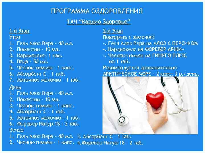 ПРОГРАММА ОЗДОРОВЛЕНИЯ ТАЧ “Кардио Здоровье” 1 -й Этап 2 -й Этап Утро Повторить с