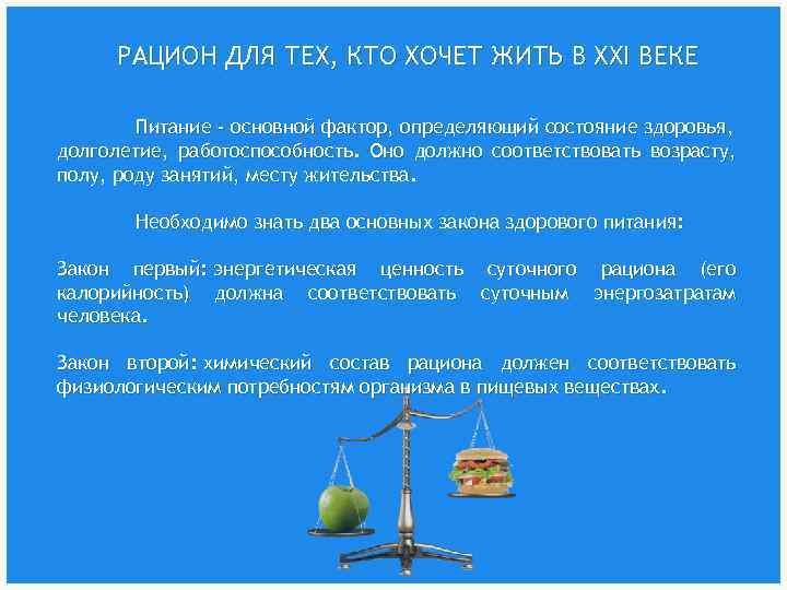 РАЦИОН ДЛЯ ТЕХ, КТО ХОЧЕТ ЖИТЬ В ХХI ВЕКЕ Питание - основной фактор, определяющий
