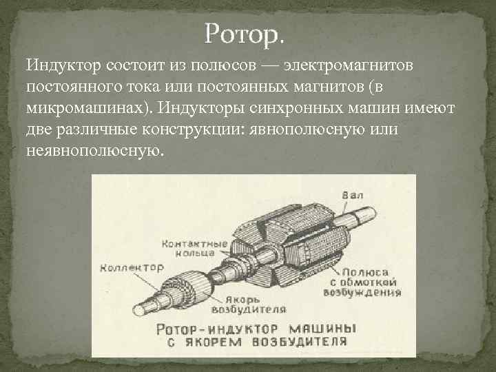 Ротор. Индуктор состоит из полюсов — электромагнитов постоянного тока или постоянных магнитов (в микромашинах).