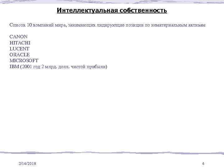 Интеллектуальная собственность Список 10 компаний мира, занимающих лидирующие позиции по нематериальным активам CANON HITACHI