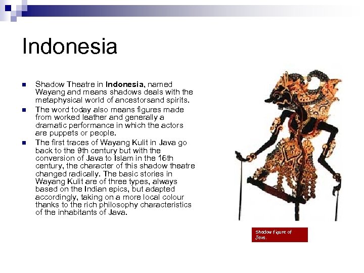 Indonesia n n n Shadow Theatre in Indonesia, named Wayang and means shadows deals