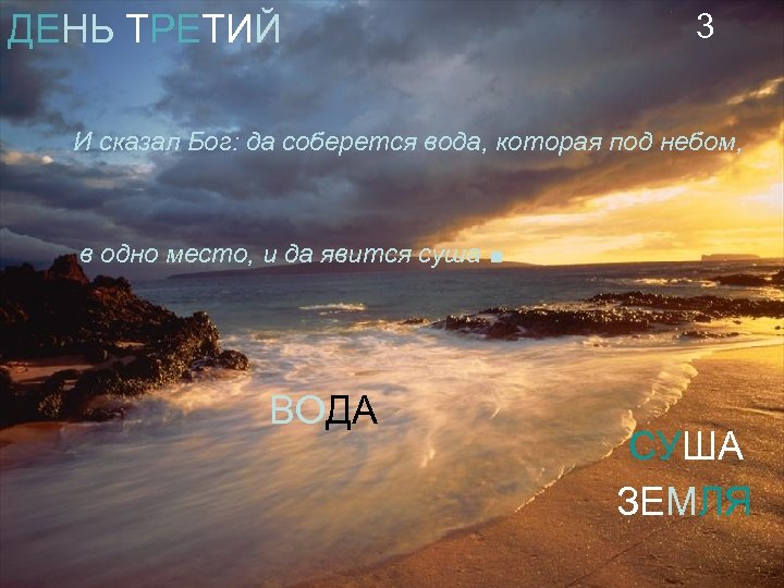 3 ДЕНЬ ТРЕТИЙ И сказал Бог: да соберется вода, которая под небом, в одно