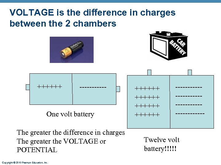 VOLTAGE is the difference in charges between the 2 chambers ++++++ ------ One volt