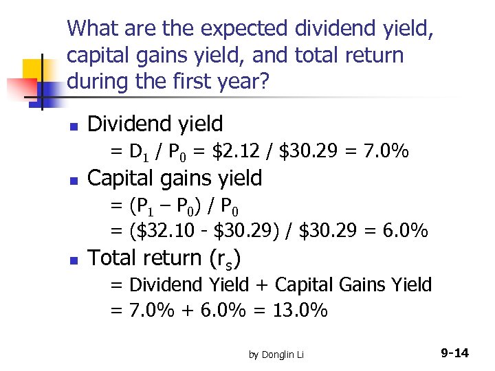 What are the expected dividend yield, capital gains yield, and total return during the