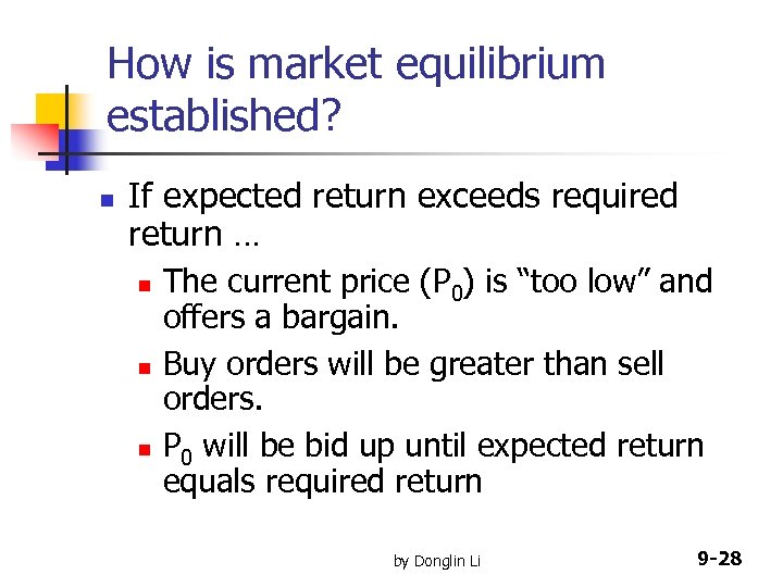 How is market equilibrium established? n If expected return exceeds required return … n