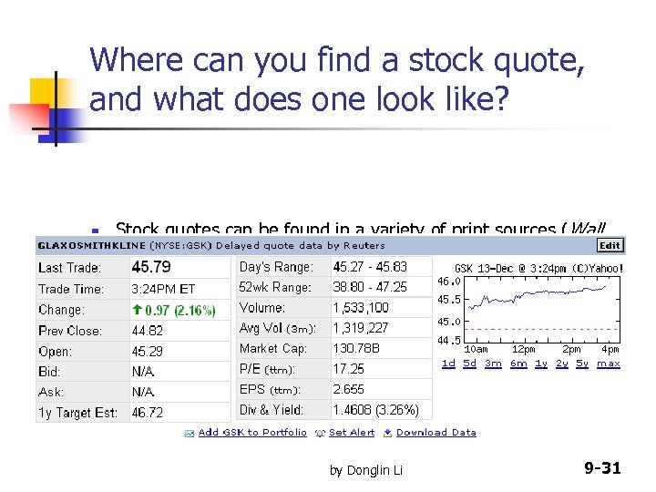 Where can you find a stock quote, and what does one look like? n