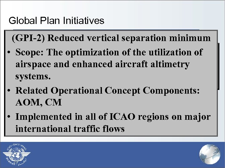 Global Plan Initiatives (GPI-2) Reduced vertical separation minimum § (GPI-1) Flexible use of airspace