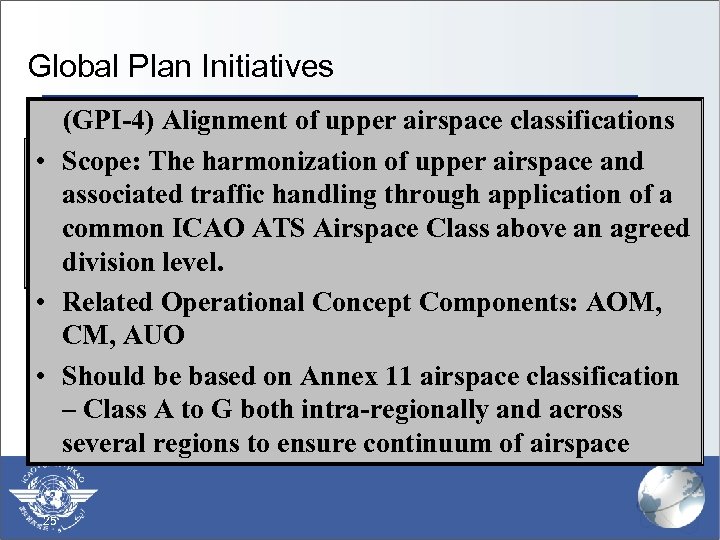 Global Plan Initiatives (GPI-4) Alignment of upper airspace classifications § (GPI-1) Flexible use of