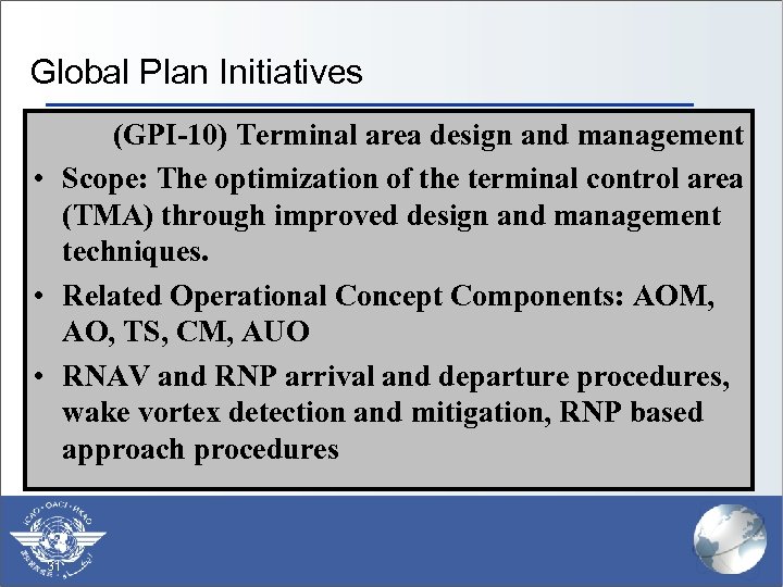 Global Plan Initiatives (GPI-10) Terminal area design and management • Scope: The optimization of