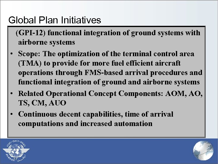 Global Plan Initiatives (GPI-12) functional integration of ground systems with airborne systems • Scope:
