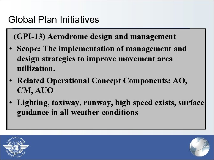 Global Plan Initiatives (GPI-13) Aerodrome design and management • Scope: The implementation of management