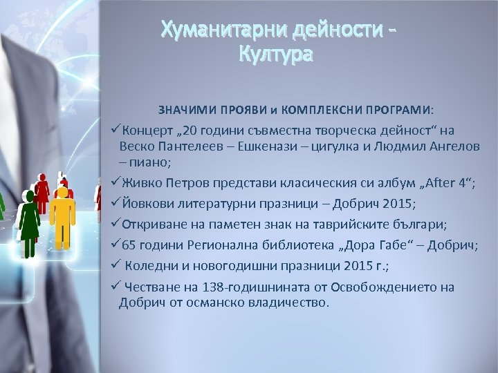 Хуманитарни дейности Култура ЗНАЧИМИ ПРОЯВИ и КОМПЛЕКСНИ ПРОГРАМИ: üКонцерт „ 20 години съвместна творческа