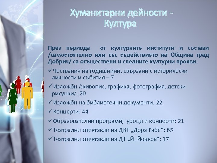 Хуманитарни дейности Култура През периода от културните институти и състави /самостоятелно или със съдействието