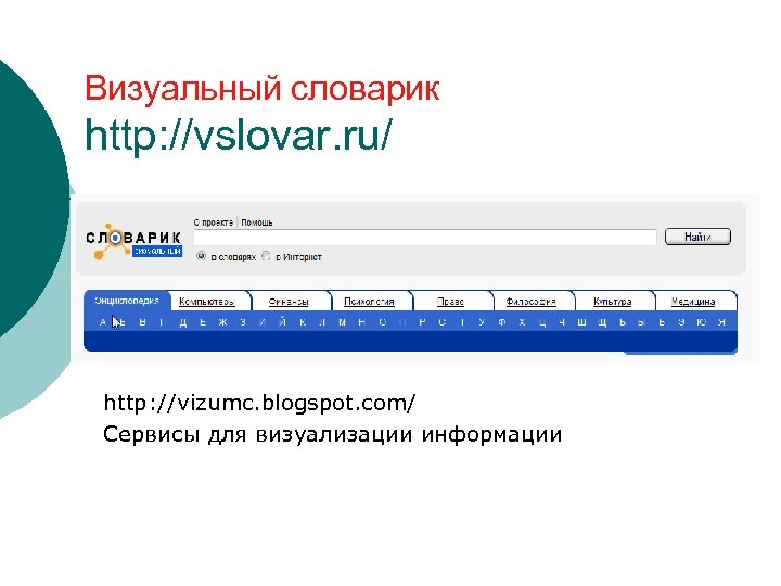 Визуальный словарик http: //vslovar. ru/ http: //vizumc. blogspot. com/ Сервисы для визуализации информации 