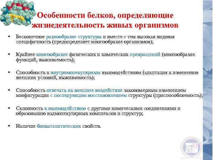 Особенности белков, определяющие жизнедеятельность живых организмов • Бесконечное разнообразие структуры и вместе с тем