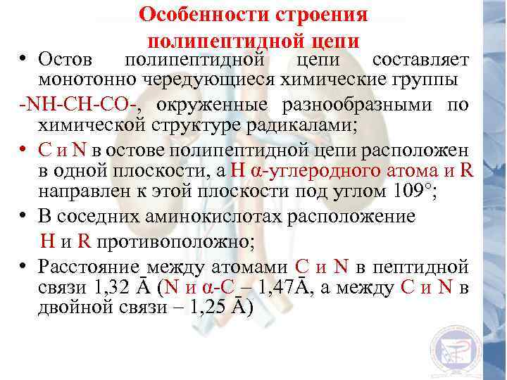 Особенности строения полипептидной цепи • Остов полипептидной цепи составляет монотонно чередующиеся химические группы -NH-CH-CO-,