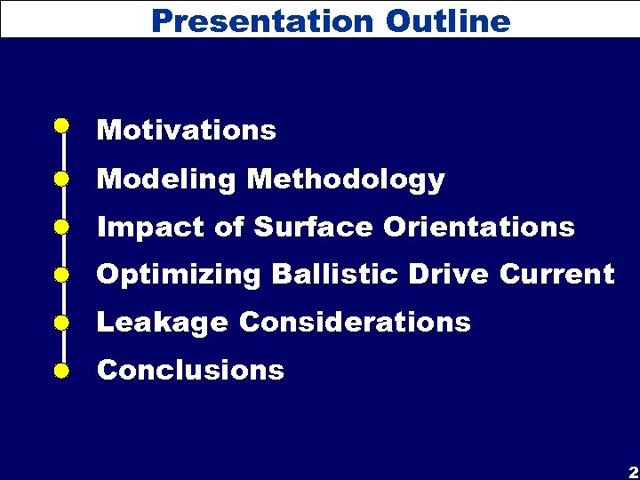 Presentation Outline Motivations Modeling Methodology Impact of Surface Orientations Optimizing Ballistic Drive Current Leakage