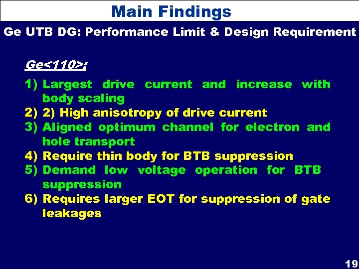 Main Findings Ge UTB DG: Performance Limit & Design Requirement Ge<110>: 1) Largest drive