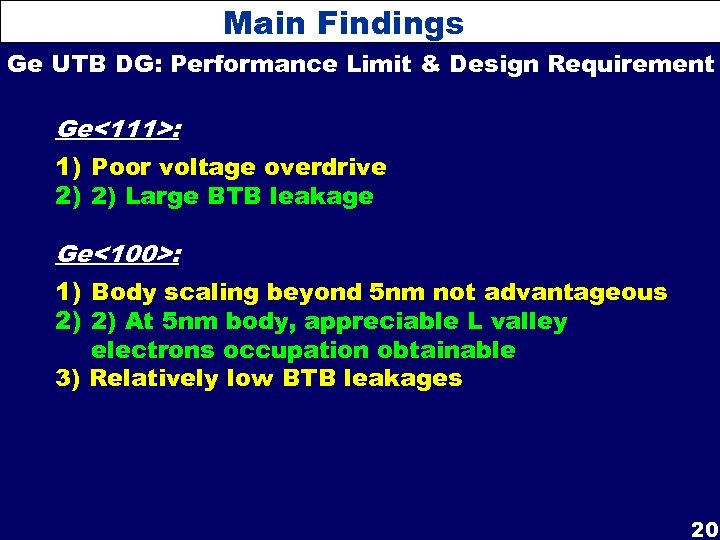 Main Findings Ge UTB DG: Performance Limit & Design Requirement Ge<111>: 1) Poor voltage