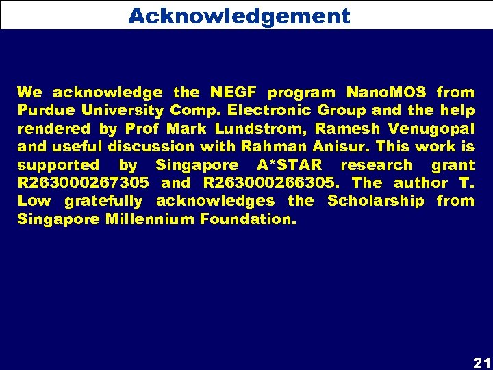 Acknowledgement We acknowledge the NEGF program Nano. MOS from Purdue University Comp. Electronic Group