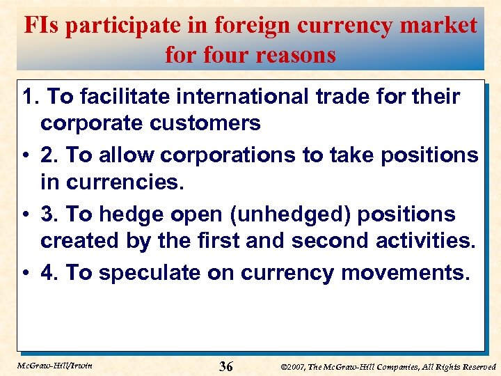 FIs participate in foreign currency market for four reasons 1. To facilitate international trade