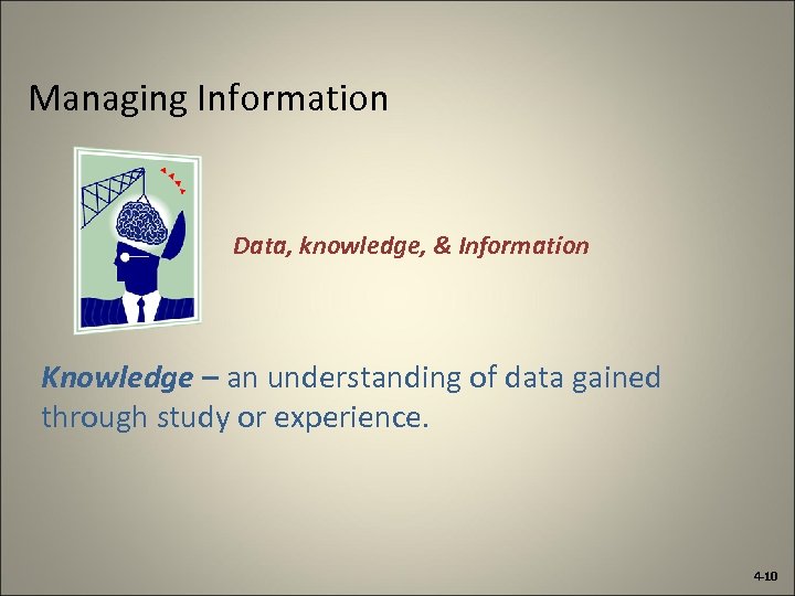 Managing Information Data, knowledge, & Information Knowledge – an understanding of data gained through