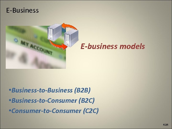 E-Business E-business models • Business-to-Business (B 2 B) • Business-to-Consumer (B 2 C) •
