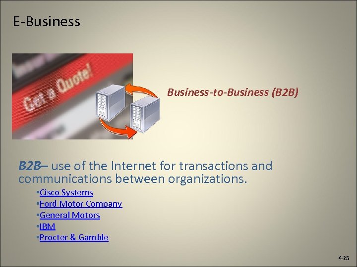E-Business-to-Business (B 2 B) B 2 B– use of the Internet for transactions and