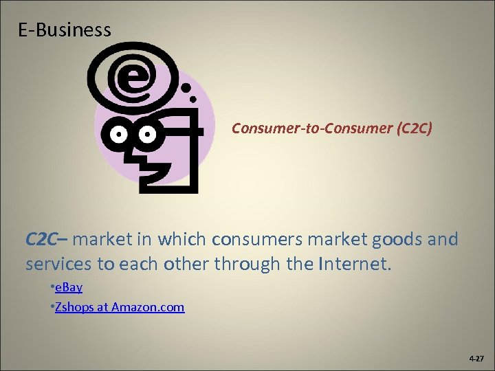 E-Business Consumer-to-Consumer (C 2 C) C 2 C– market in which consumers market goods