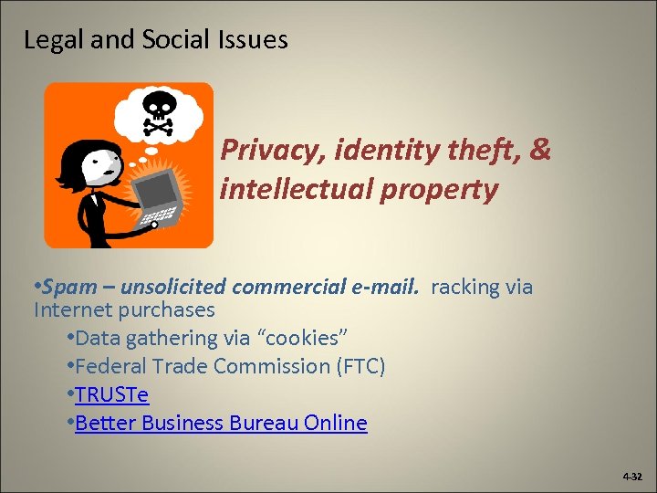 Legal and Social Issues Privacy, identity theft, & intellectual property • Spam – unsolicited