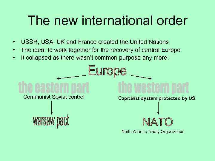 The new international order • USSR, USA, UK and France created the United Nations