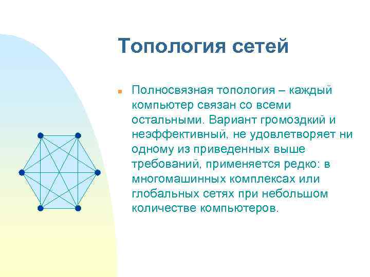 Топология сетей n Полносвязная топология – каждый компьютер связан со всеми остальными. Вариант громоздкий