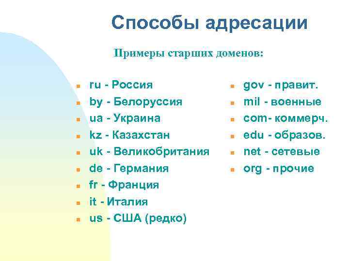 Способы адресации Примеры старших доменов: n n n n n ru - Россия by