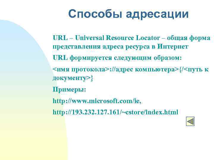 Способы адресации URL – Universal Resource Locator – общая форма представления адреса ресурса в