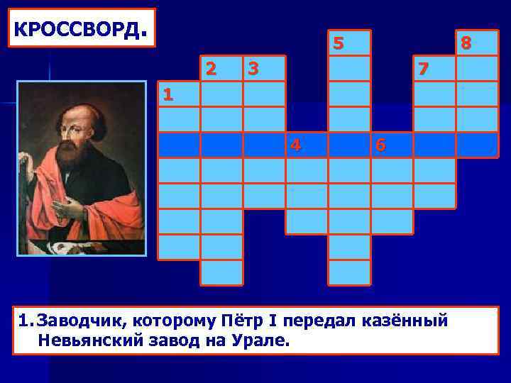 КРОССВОРД. 5 2 8 3 7 1 4 6 1. Заводчик, которому Пётр I
