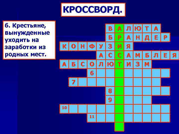 КРОССВОРД. 6. Крестьяне, вынужденные уходить на заработки из родных мест. В Б З С