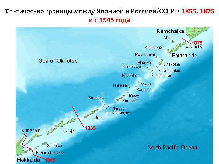 Фактические границы между Японией и Россией/СССР в 1855, 1875 и с 1945 года 