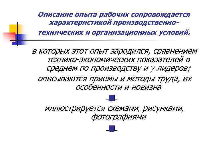 Описание опыта рабочих сопровождается характеристикой производственнотехнических и организационных условий, в которых этот опыт зародился,