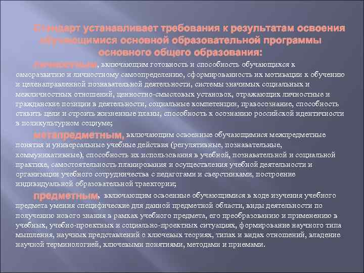 Стандарт устанавливает требования к результатам освоения обучающимися основной образовательной программы основного общего образования: личностным,