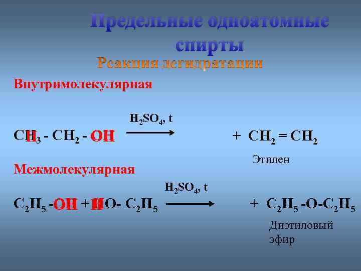 Предельные одноатомные cпирты Внутримолекулярная СН 3 - СН 2 - ОН Н H 2