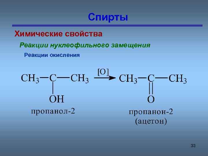 Спирты Химические свойства Реакции нуклеофильного замещения Реакции окисления 33 