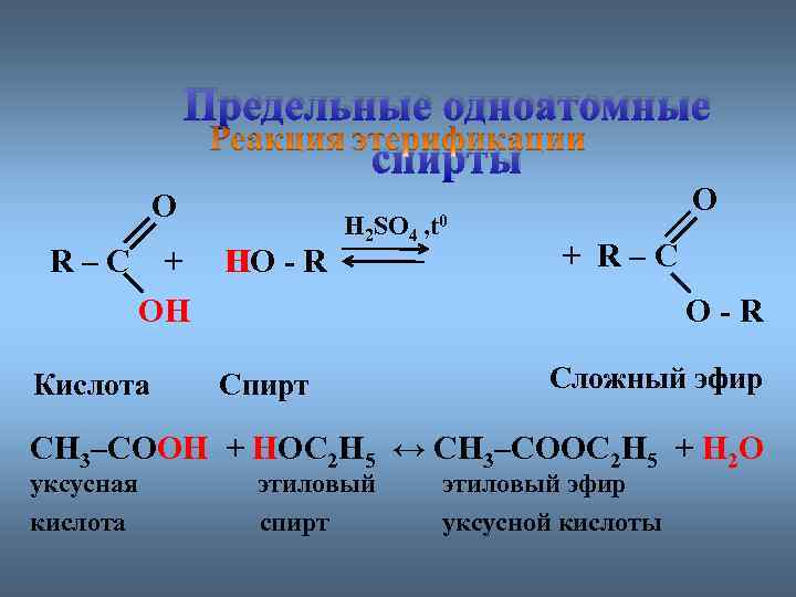 Предельные одноатомные cпирты O R–C + OH ОH Кислота HO - R H H