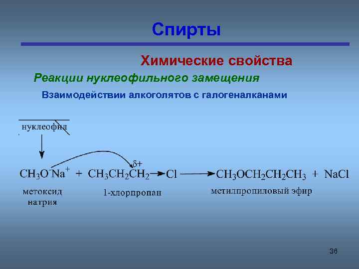 Спирты Химические свойства Реакции нуклеофильного замещения Взаимодействии алкоголятов с галогеналканами 36 