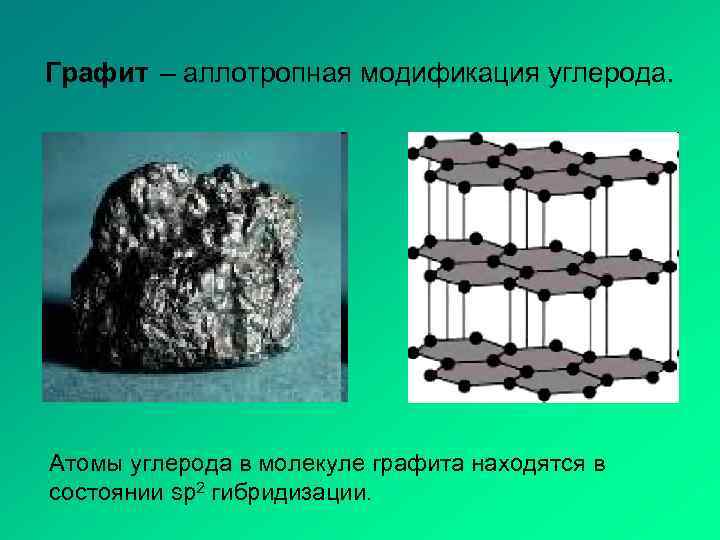 Графит – аллотропная модификация углерода. Атомы углерода в молекуле графита находятся в состоянии sp