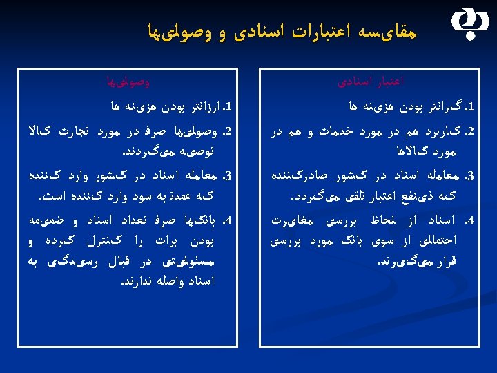  ﻣﻘﺎیﺴﻪ ﺍﻋﺘﺒﺎﺭﺍﺕ ﺍﺳﻨﺎﺩی ﻭ ﻭﺻﻮﻟیﻬﺎ ﺍﻋﺘﺒﺎﺭ ﺍﺳﻨﺎﺩی 1. گﺮﺍﻧﺘﺮ ﺑﻮﺩﻥ ﻫﺰیﻨﻪ ﻫﺎ 2.