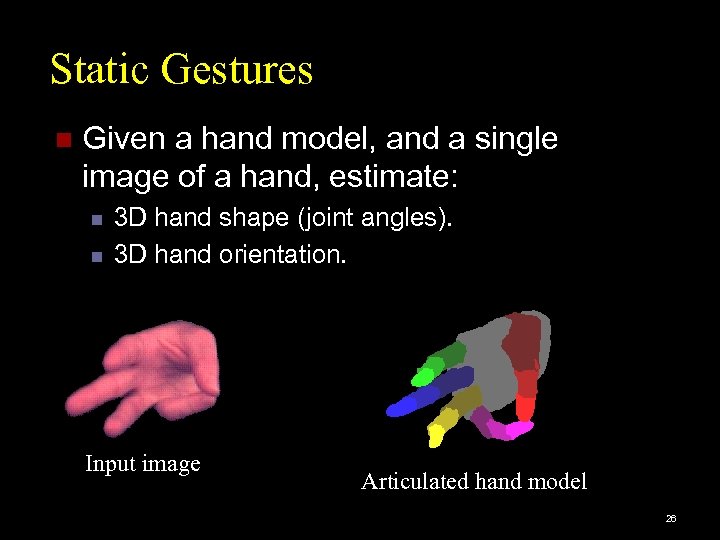 Static Gestures n Given a hand model, and a single image of a hand,