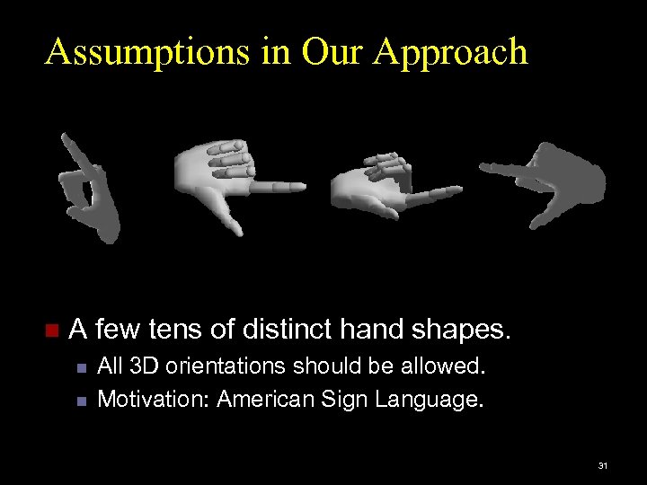 Assumptions in Our Approach n A few tens of distinct hand shapes. n n