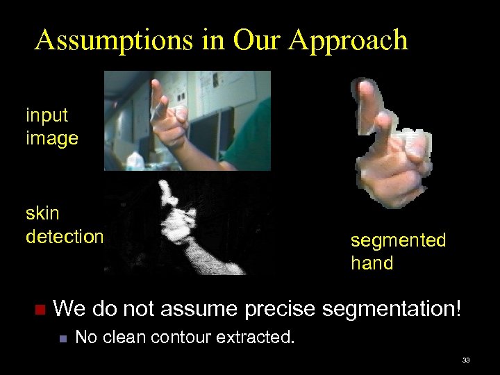 Assumptions in Our Approach input image skin detection n segmented hand We do not