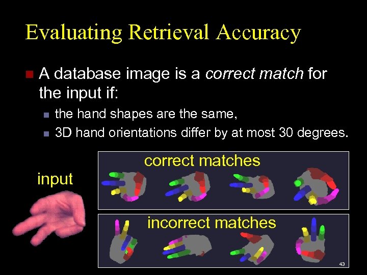 Evaluating Retrieval Accuracy n A database image is a correct match for the input