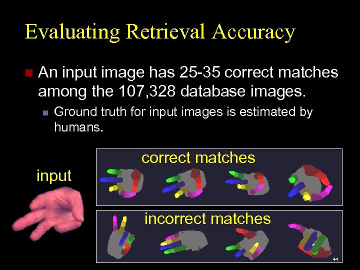 Evaluating Retrieval Accuracy n An input image has 25 -35 correct matches among the